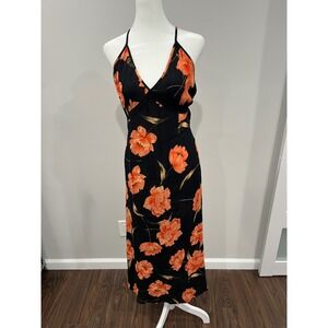 Patrons of Peace Black Orange Floral Maxi Dress Halter Neck Spaghetti‎ Strap